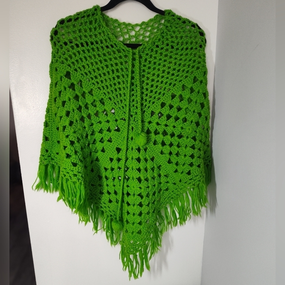 Vibrant Green Crochet Poncho with Fringe